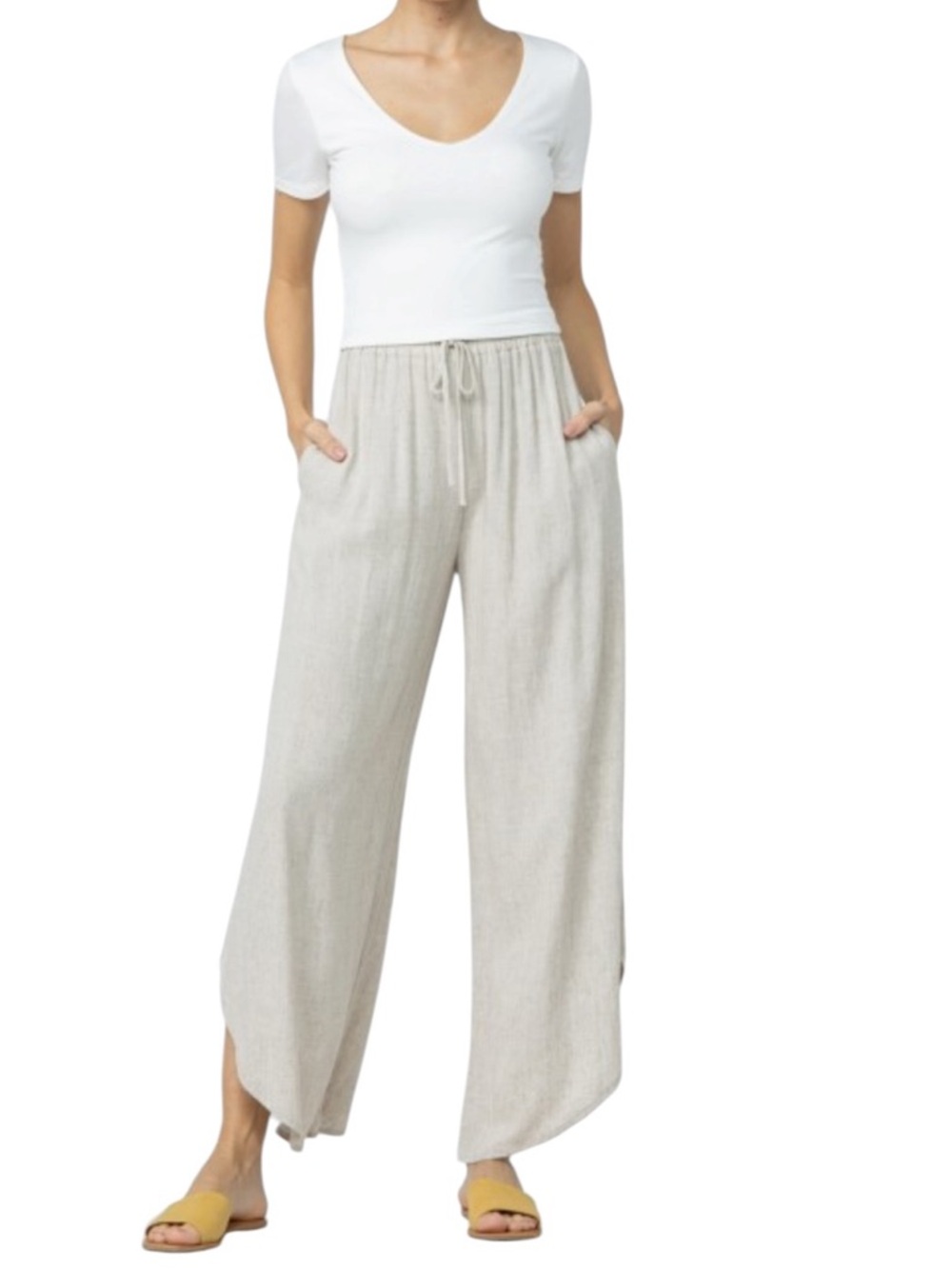 Wide Leg Drawstring Linen-Blend Pants in Light Beige